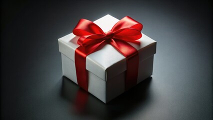 Tilt-Shift Gift Box, Red Ribbon, White Box, Black Background, AI Photography, Still Life, Minimalist