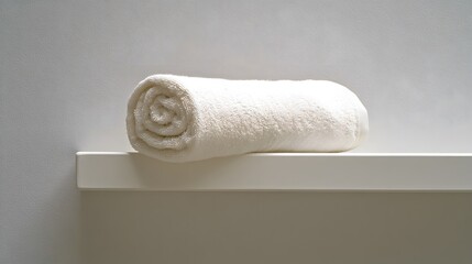 Relaxation essentials rolled white towel on shelf minimalist bathroom clean aesthetic soft lighting spa concept