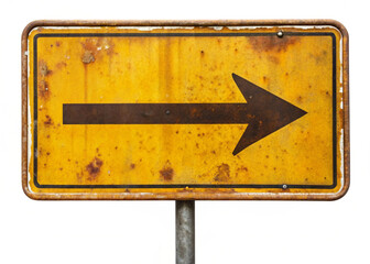 Rusty yellow road sign arrow pointing left isolated on white background