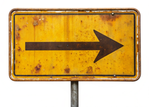 Rusty yellow road sign arrow pointing left isolated on white background - Powered by Adobe