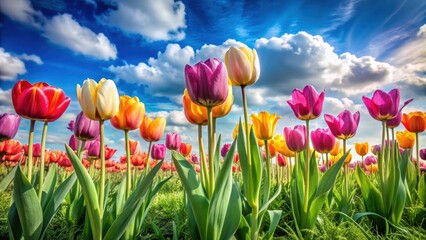 A row of vibrant spring tulips standing tall in a lush green meadow on a sunny day with a blue sky and fluffy white clouds