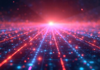 Fototapeta premium Vibrant digital landscape with glowing lines and lights in red and blue hues