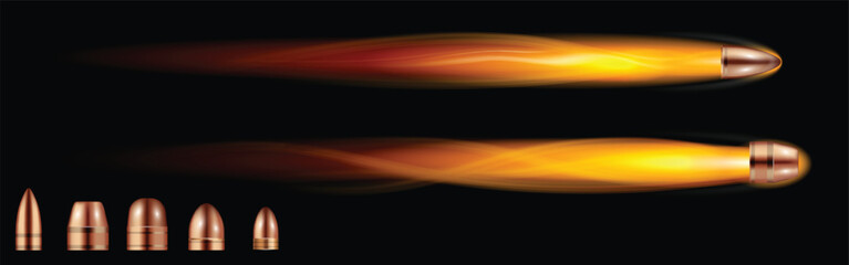 Set illustration of various high-speed copper bullets in motion, each creating a fiery trail as they move through the air. The top section of the image focuses on two bullet types in motion