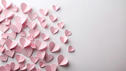 Obraz premium Soft pink paper heart cutouts scattered on a white background, Valentine hearts, festive, Valentine hearts