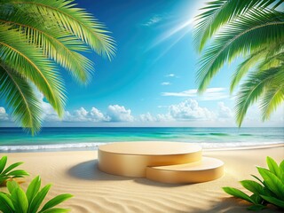 Tropical Beach Podium Mockup for Product Presentation - 3D Render