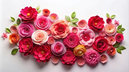 Obraz premium A floral arrangement composed of vibrant paper roses in various shades of pink and red on a plain white backdrop , rose bouquet, floral decor