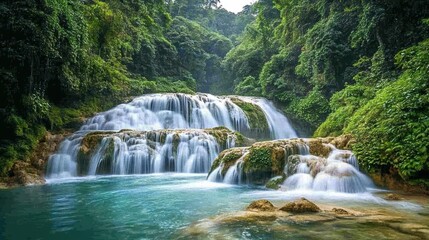 Obraz premium Majestic waterfall flowing through lush jungle thailand nature photography tropical paradise serene view natural beauty