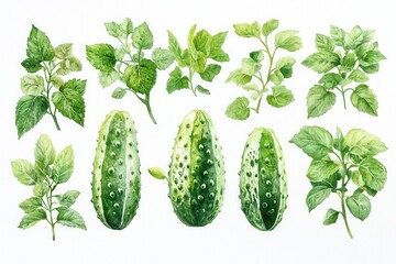 A watercolor illustration featuring cucumbers and various green herbs.