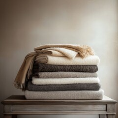a stack of soft textured blankets in various shades