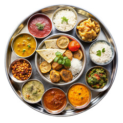 Traditional Indian Thali Filled With Various Dishes Served On A Metal Platter top view on a white background