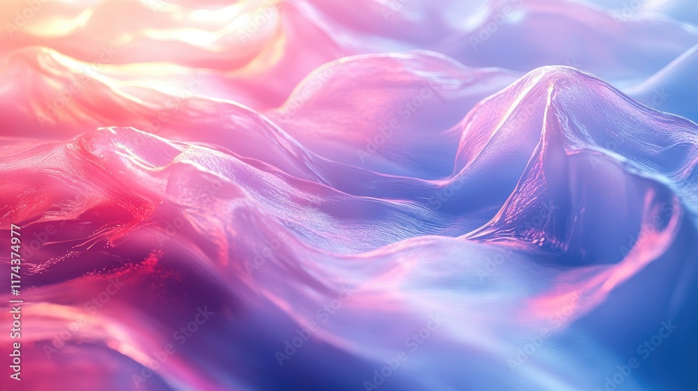 Aufkleber An abstract background with colorful, wavy waves of blurred cloth in pink and blue colors, flowing fabric in a close-up, flat lay style with soft light and shadow. A modern design concept in 3D render