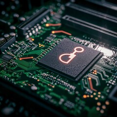 Fototapeta premium Futuristic Motherboard Cybersecurity Key Concept Digital Security Data Protection