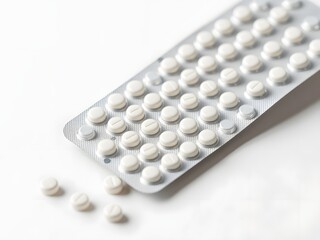 A blister pack of white tablets with a few pills scattered nearby.