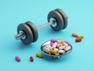 Illustration of a dumbbell with pills on the side to show weight loss without pills, emphasizing exercise.