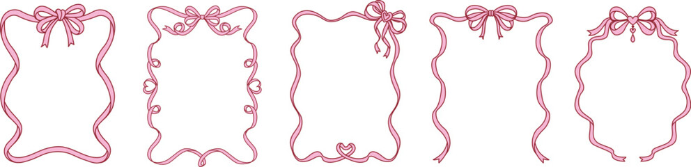 Set of hand drawn bow ribbon square frame for wedding, valentines card and so on. Vector illustration.