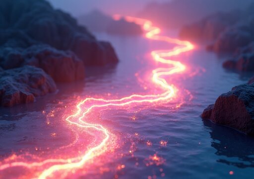 Flowing lava creates mesmerizing patterns over rocky shoreline at sunset