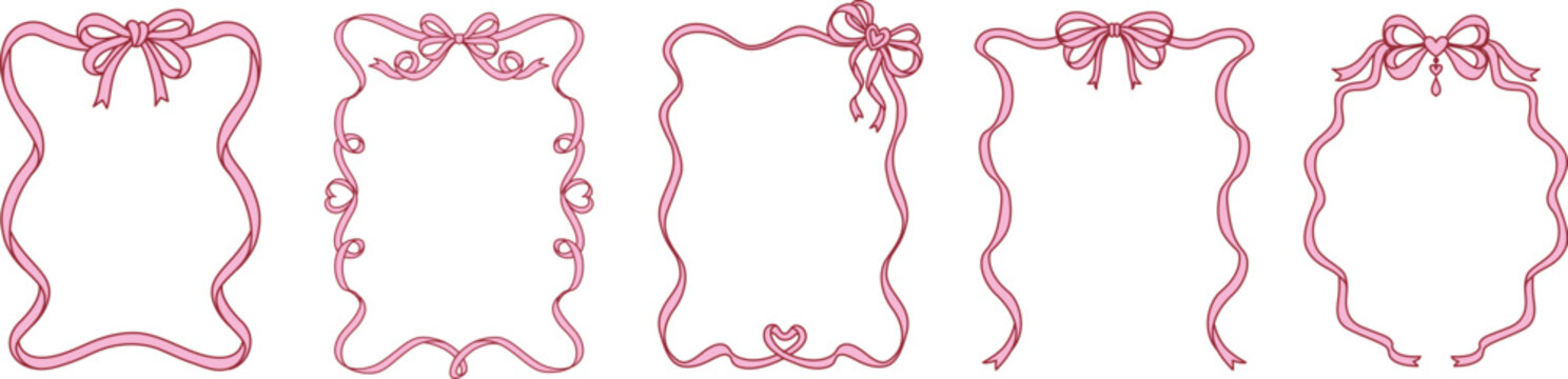 Set of hand drawn bow ribbon square frame for wedding, valentines card and so on. Vector illustration.