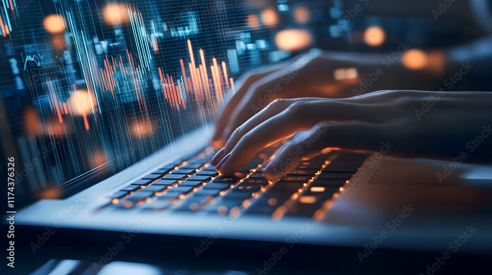 Poster hands typing on laptop keyboard with data charts and digital graphical elements representing technol