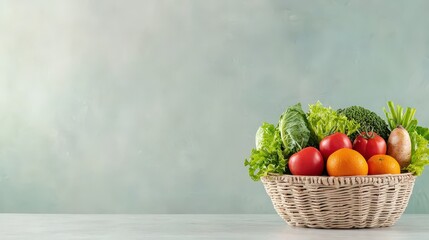 Basket with a variety of fresh produce such as tomatoes, lettuce, and oranges, neutral backdrop