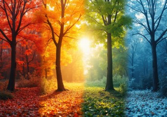 Fototapeta premium Vibrant seasonal transition among trees in a scenic landscape during daytime