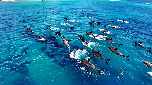 A group of dolphins swimming in the middle of the sea, making beautiful jumps in sunny weather. Generative ai