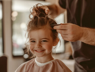 Fototapeta premium Illustration Professional hairdresser tying hair of a cute little girl. She smiles happily. Modern minimalist beauty salon atmosphere.