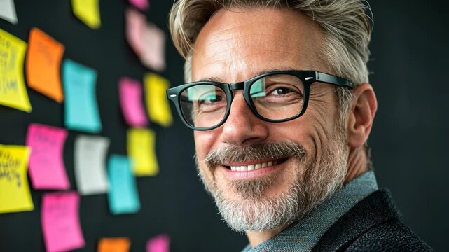 Professional with glasses smiles in front of colorful sticky notes during a creative brainstorming session