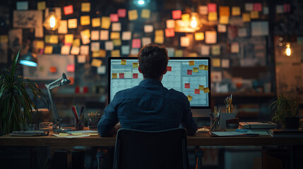 Obraz premium Late Night Work, Person working late at night in an office with sticky notes.