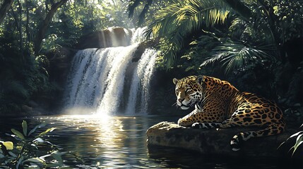 Jaguar by the Waterfall: A Serene Jungle Oasis