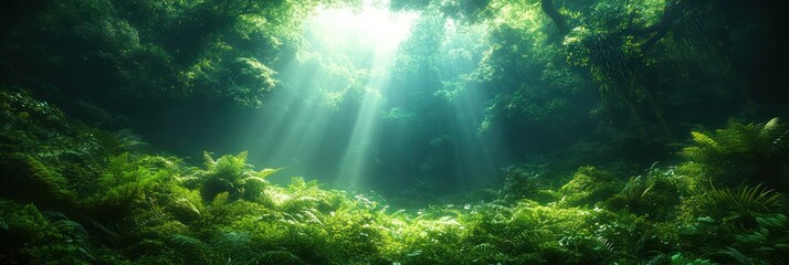 Obraz premium Enchanted Forest: Sunbeams Illuminating Lush Greenery