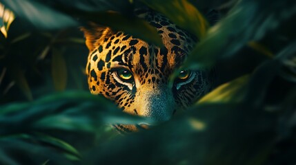 Obraz premium Jaguar's Gaze: A Majestic Predator Hidden in the Amazon Rainforest