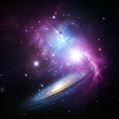 A cosmic background featuring vibrant galaxies, twinkling stars, and a glowing nebula in shades of purple and blue.