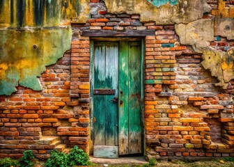 Vintage Brick Wall Wooden Door Decayed Texture