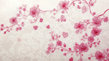 Floral lace design with pink flowers and hearts on white backdrop