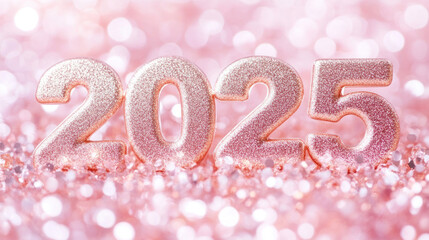 Fototapeta premium Rose gold 2025 on sparkly pink background.