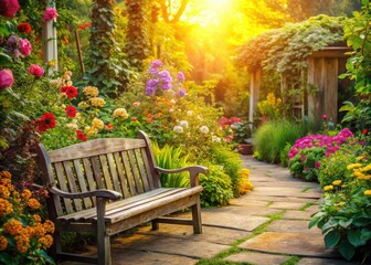 Obraz premium Vintage Floral Courtyard Wooden Bench AI Photo