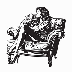 Woman drinking coffee on sofa image vector. Illustration of woman drinking coffee on sofa.