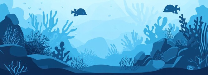 flat illustration of the underwater landscape with sea creatures, coral reefs and rocks.