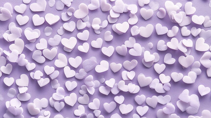 Delicate purple hearts scattered on soft pastel background create whimsical feel