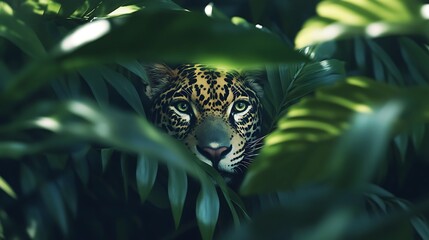 Jaguar Hidden in Lush Rainforest