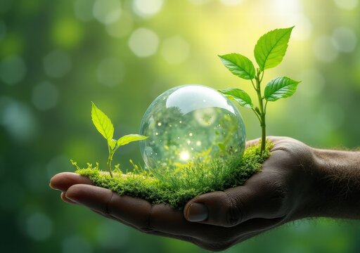 Hand holding a glowing crystal orb surrounded by green plants and moss