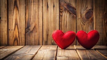 A pair of red hearts against a warm wooden backdrop, creating an intimate and cozy atmosphere , love, couples