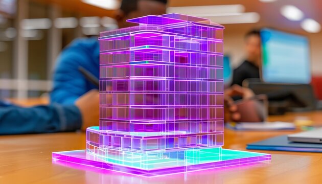 Architects showcase illuminated 3d building model, highlighting features and taking notes