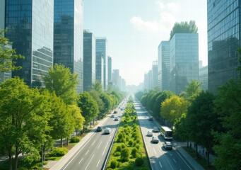 Busy urban street in a modern city filled with greenery and tall buildings