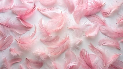 Fototapeta premium Soft pink feathers scattered on a white background, showing delicate patterns and textures, wildlife photography, pink flamingo feathers