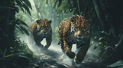 Majestic Jaguars Prowling in the Amazon Rainforest