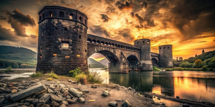 Vintage Remagen Ludendorff Bridge Ruins, AI Photo, Dramatic Landscape