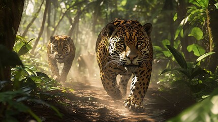 Majestic Jaguars Prowling Through the Lush Amazon Rainforest