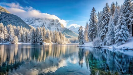 Fototapeta premium Frozen forest landscape with snow-covered trees at Herbst am Gebirgssee, alpine, peaceful, alpine, peaceful,autumn, forest