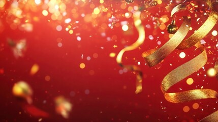 Festive red background with gold confetti and ribbons.